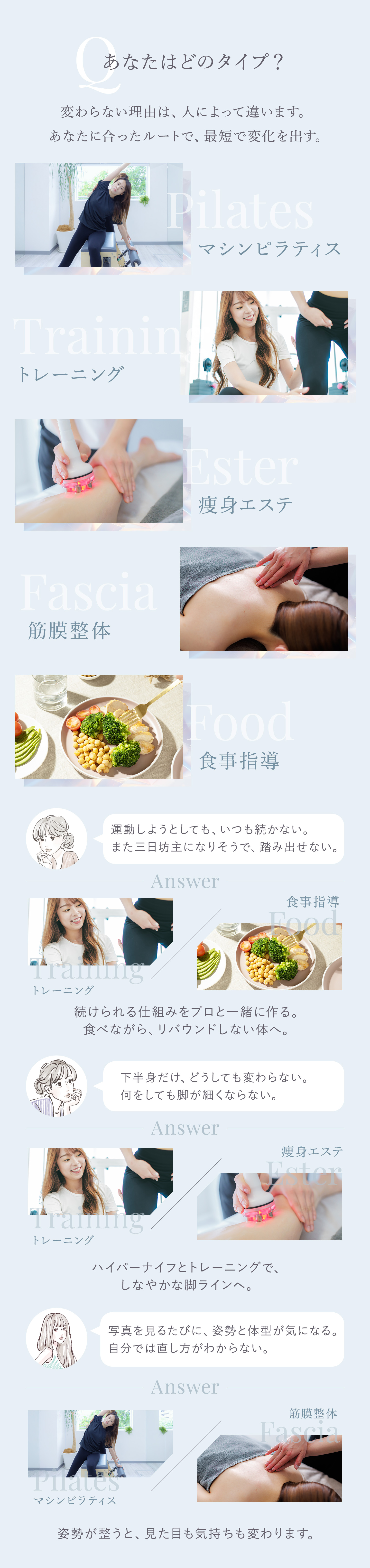 MUSE FIT にはあなたの努力がゴールに届くための5つの最短ルートがあります。マシンピラティス/トレーニング/瘦身エステ/筋膜整体/食事指導